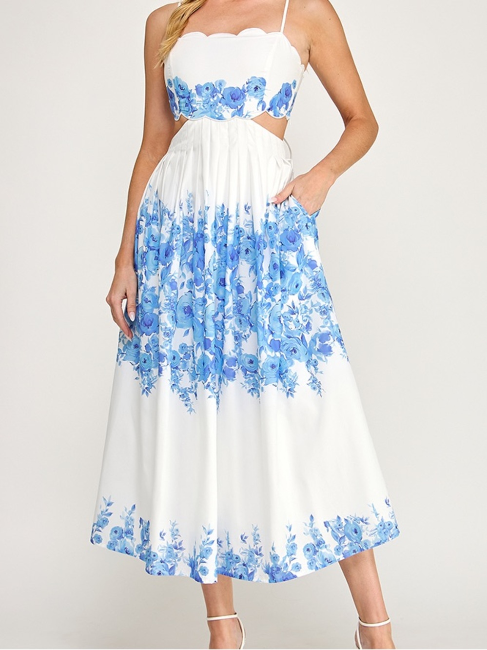 Vintage White Midi Dress with Blue Floral Print